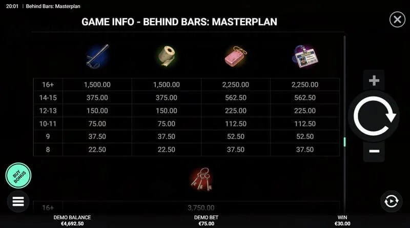 Behind Bars Masterplan - หน้าจอที่มี Instant Win