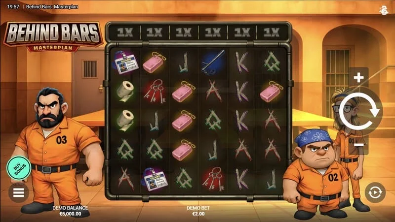 Behind Bars Masterplan - หน้าจอเกมที่มีวงล้อ 6x5 และตัวคูณแนวตั้ง